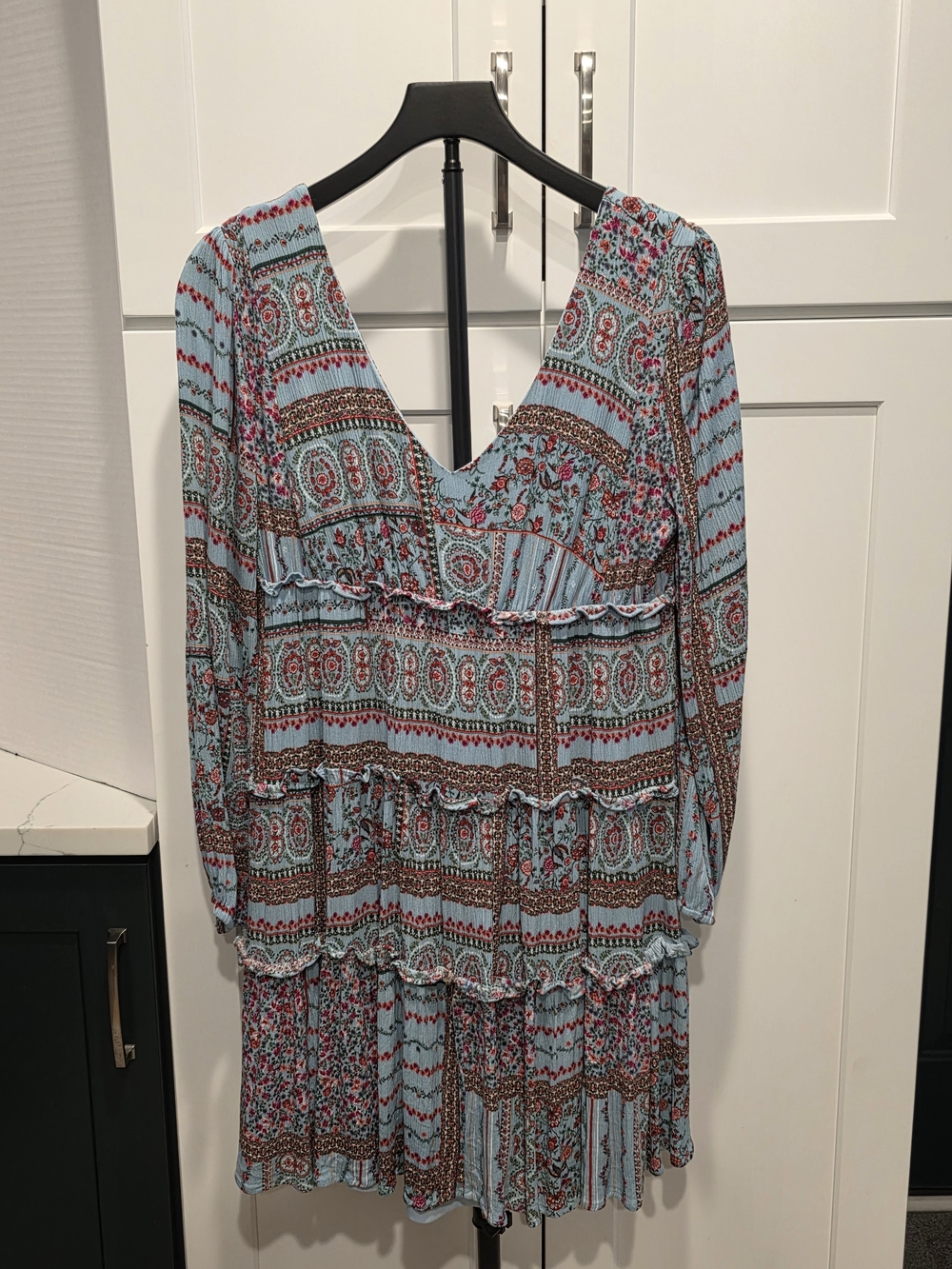 Altar'd State Light Blue Printed Long Sleeve Tiered Dress